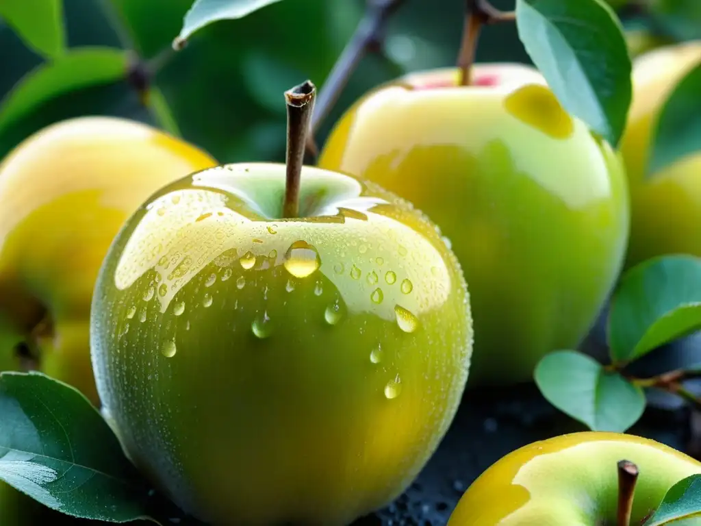 Detalle de manzanas doradas con rocío en huerto verde al amanecer, evocando la historia de la sidra renacimiento italiano