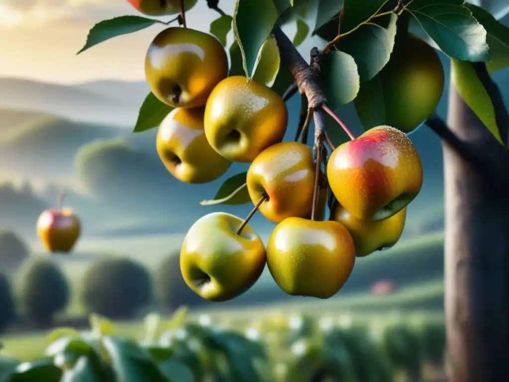 Detalle de manzanas doradas maduras colgando de un árbol en un antiguo huerto, evocando la evolución de la sidra histórica