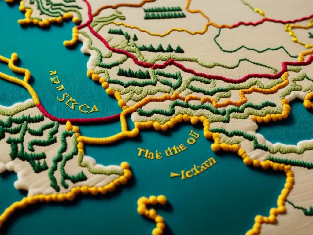 Detalle de mapa de la Ruta de la Seda en seda con recetas históricas y rutas culturales