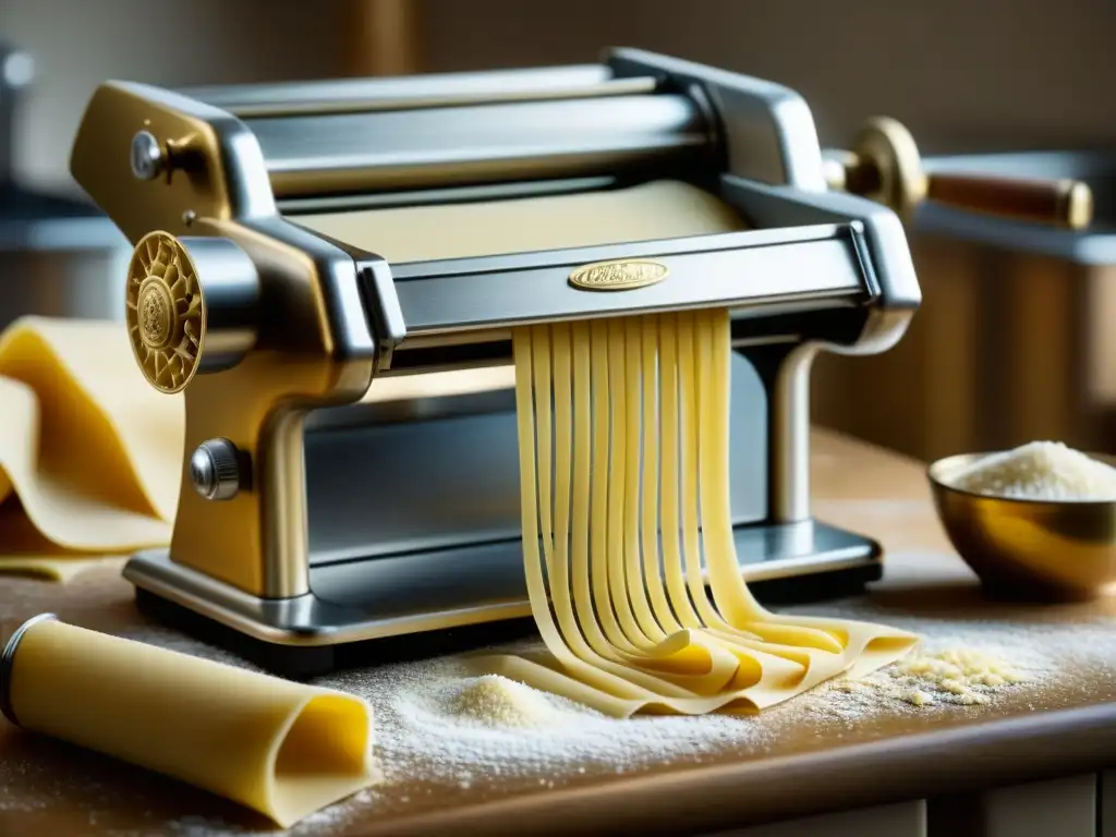 Detalle de máquina vintage para pasta con restos de masa fresca, destacando la artesanía y preservación de la cocina italiana