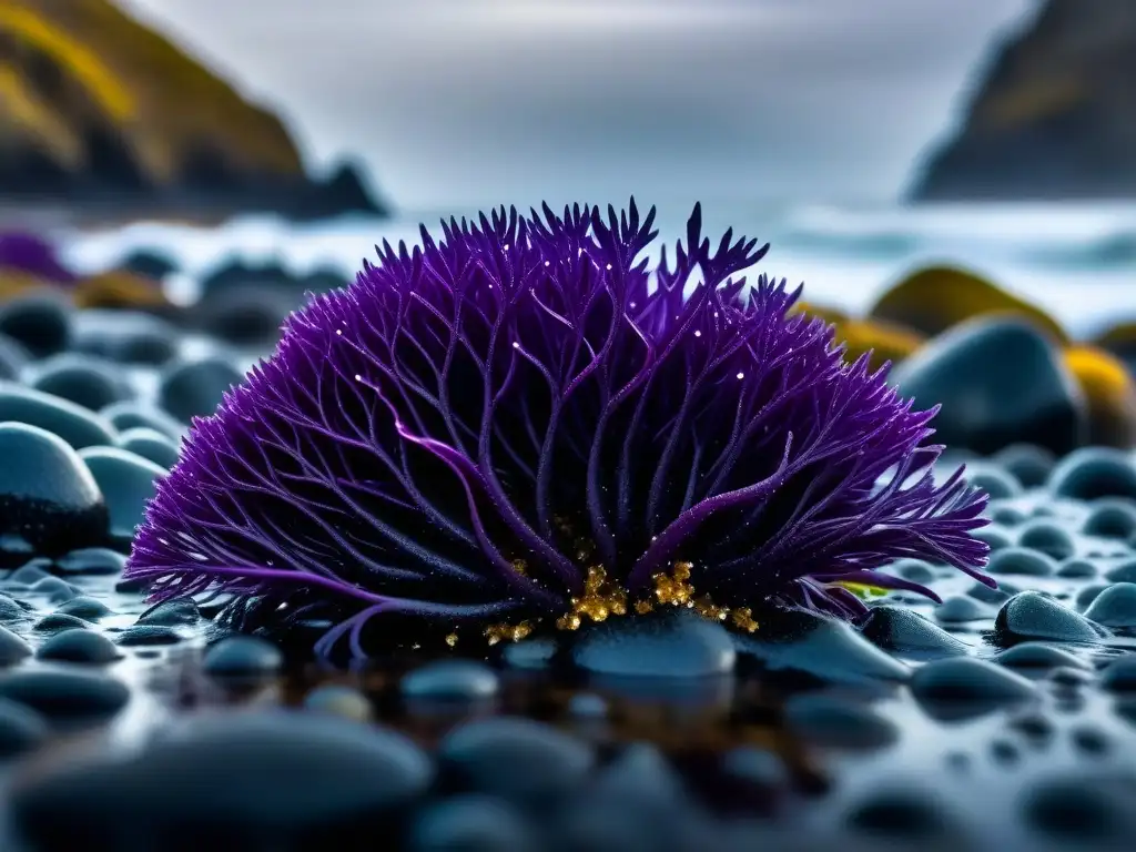 Detalle de alga marina púrpura brillante con gotas de agua en una costa rocosa