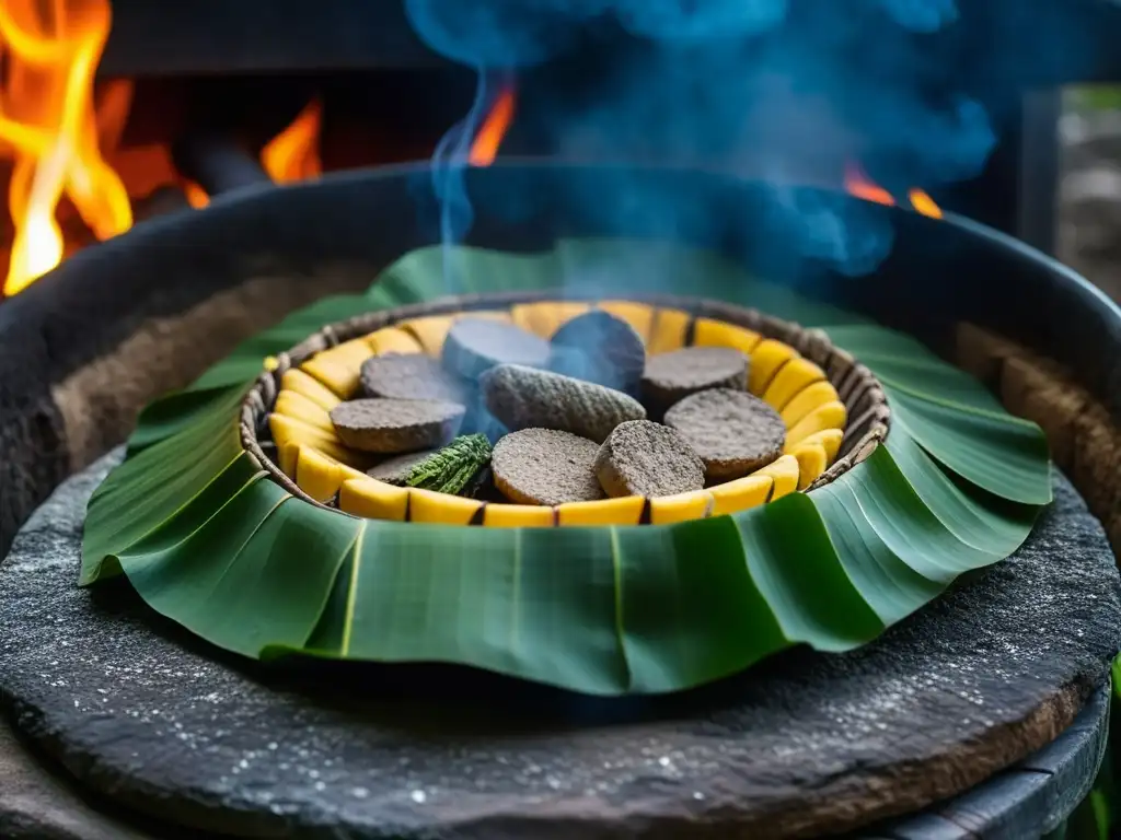 Detalle de un Pib Maya listo para cocinar: carnes sazonadas envueltas en hojas de plátano, piedras del horno y humo ascendente