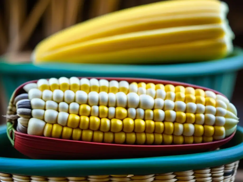 Detalle de mazorcas de maíz en canasta tejida, resaltando la importancia histórica del cultivo