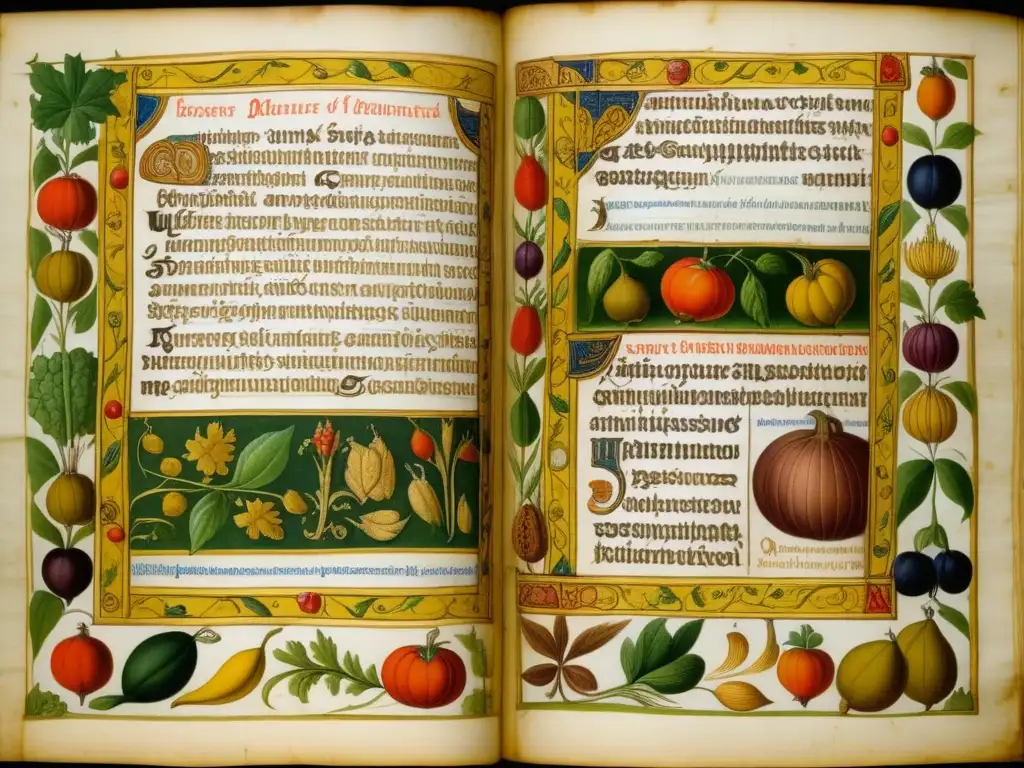 Detalle medieval de dietas históricas en manuscrito ilustrado sobre alimentación sostenible en la Edad Media