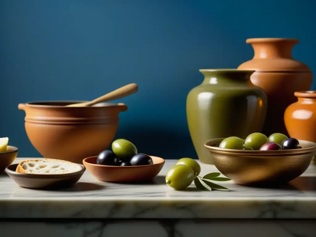 Detalle de mesa antigua griega con alimentos tradicionales: aceitunas, higos, uvas y pan