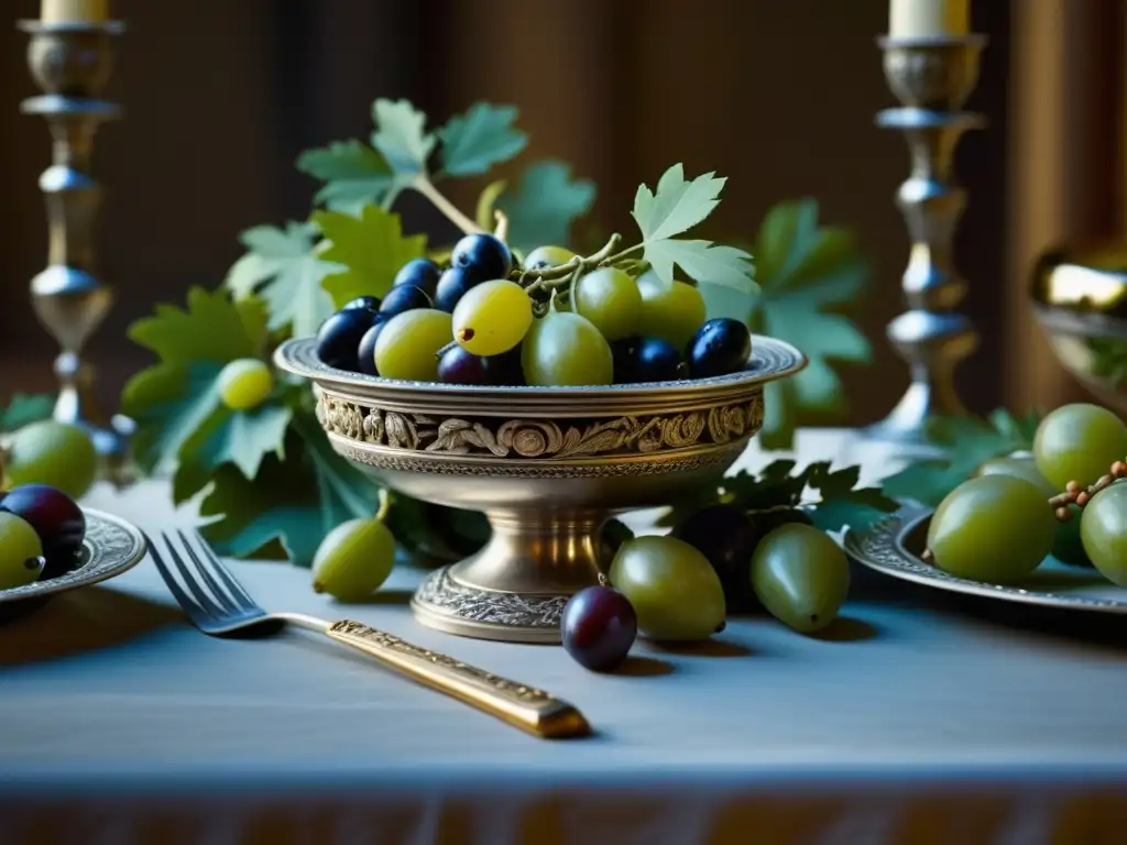 Detalle de mesa de banquete romano con plata, mármol y frutas, evocando la historia cultural de los suntuosos banquetes en Roma