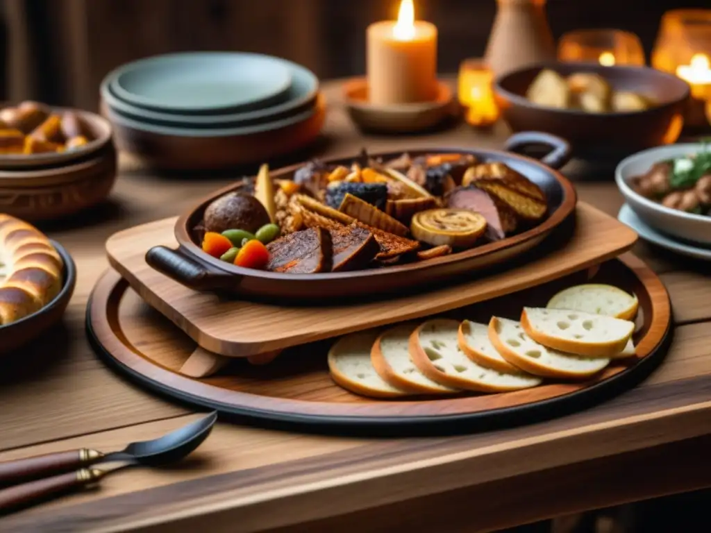 Detalle de mesa de banquetes nórdicos previkingos con decoración y comidas festivas nórdicas previkingas