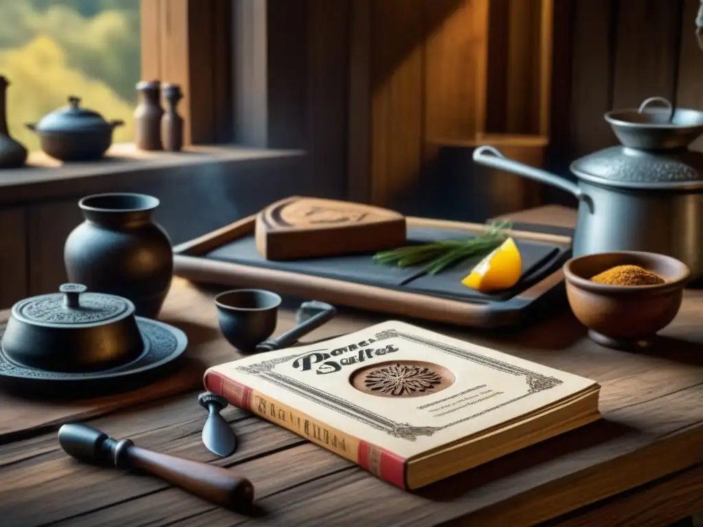Mesa de cocina pionera: historia tallada en madera Detalle de una mesa de cocina rústica de pioneros del siglo XIX con utensilios antiguos y recetas de supervivencia