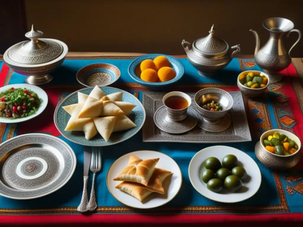 Detalle de una mesa histórica armenia con vajilla, textiles y platos tradicionales