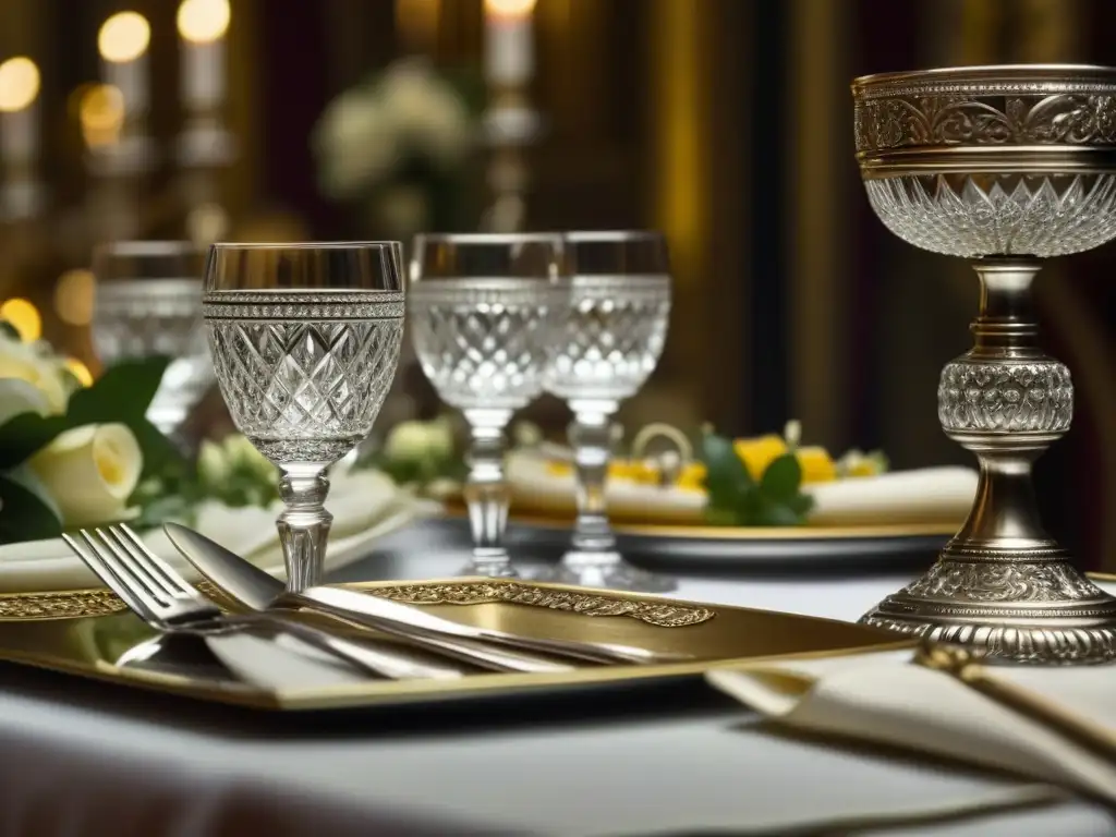 Detalle de una mesa real lujosamente decorada, con cubiertos ornamentados, copas de cristal y centros florales elaborados