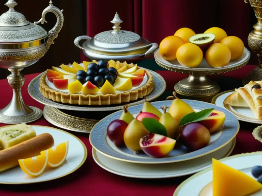 Detalle ultraHD de mesa renacentista llena de manjares, reflejando la opulencia culinaria