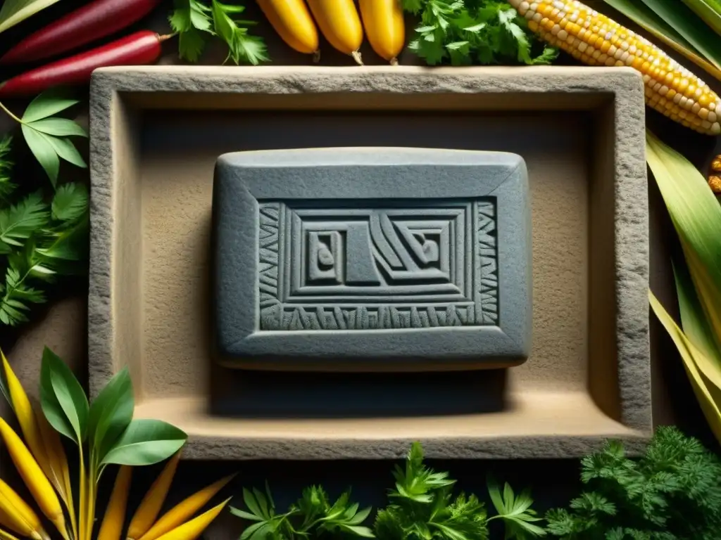 Detalle de metate azteca con maíz y cilantro fresco, reflejando la importancia de la domesticación de animales en la cocina azteca