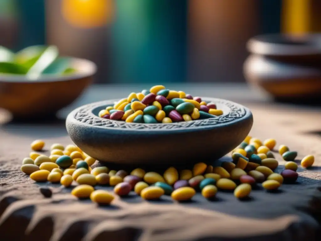 Detalle de metate de barro con maíz colorido, resaltando texturas y colores, simbolizando la transformación de la cocina indígena en la era colonial