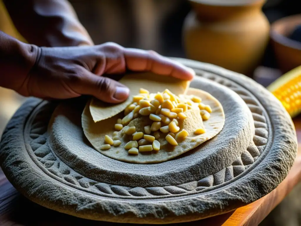 Detalle de metate y mano tradicionales para moler maíz nixtamalizado en masa