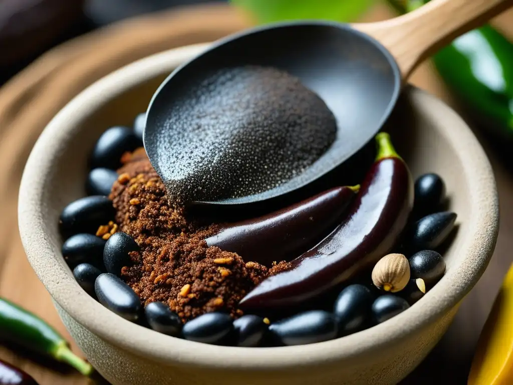 Detalle de un metate mexicano con ingredientes para Mole Poblano