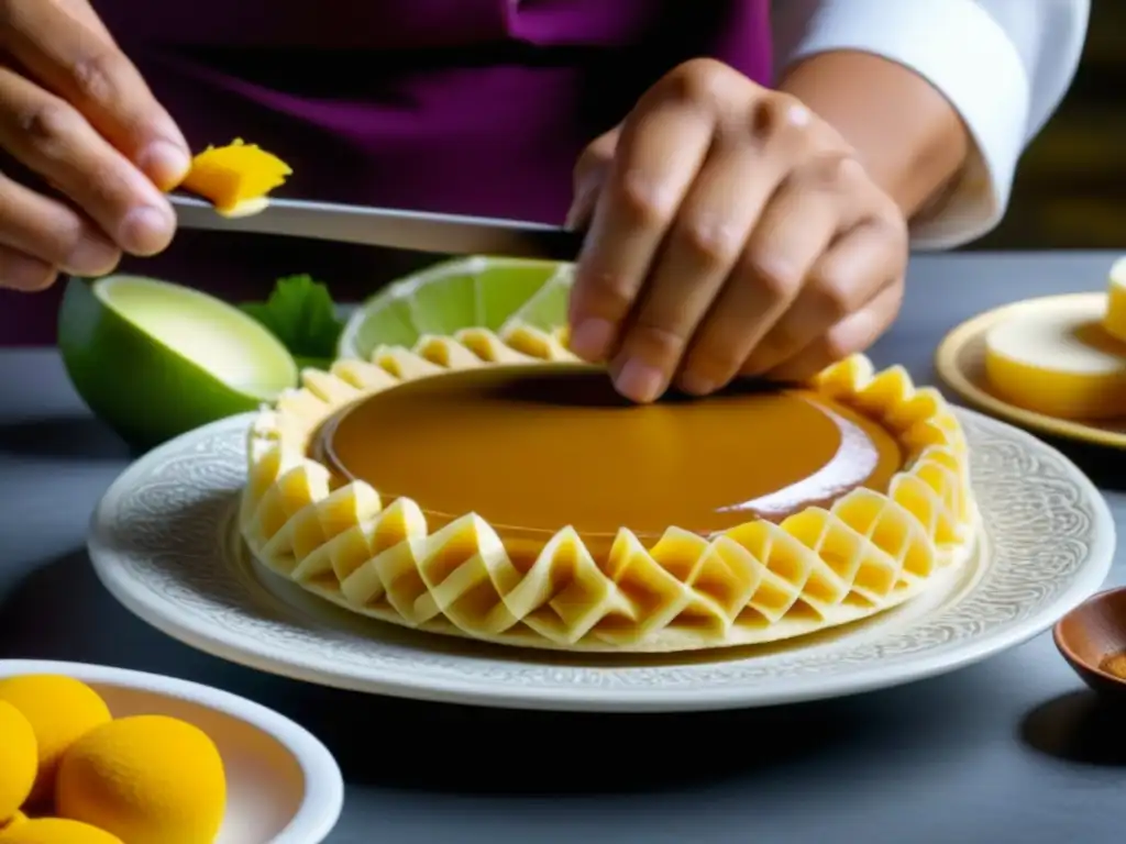 Detalle meticuloso de postre criollo hispanoamericano preparado con destreza