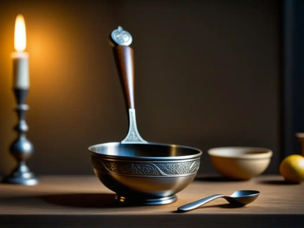 Detalle meticuloso de utensilio de cocina renacentista, bañado en cálida luz resaltando la artesanía