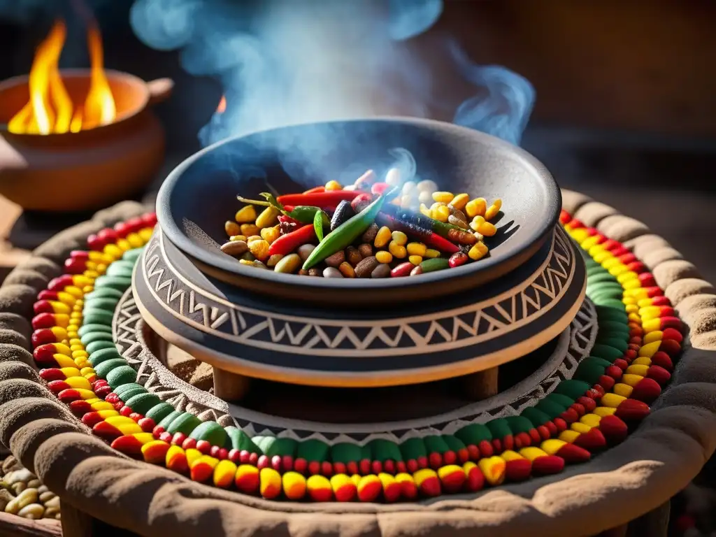 Antiguo fogón prehispánico: detalles y colores vibrantes Detalle milenario de fogón prehispánico rodeado de ingredientes coloridos, evocando historia y técnica de cocción ancestral