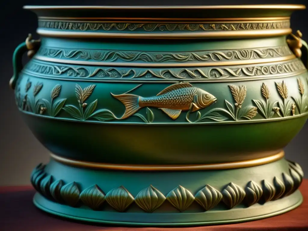 Antigua vasija romana de bronce: detalles culinarios Detalle minucioso de una antigua vasija romana de bronce restaurada, con grabados de escenas culinarias y símbolos, bajo una luz suave que resalta la artesanía y la importancia histórica del artefacto en la gastronomía antigua
