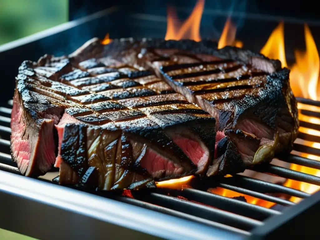 Detalle minucioso de una parrilla argentina tradicional, resaltando los patrones de marcas de la carne asada