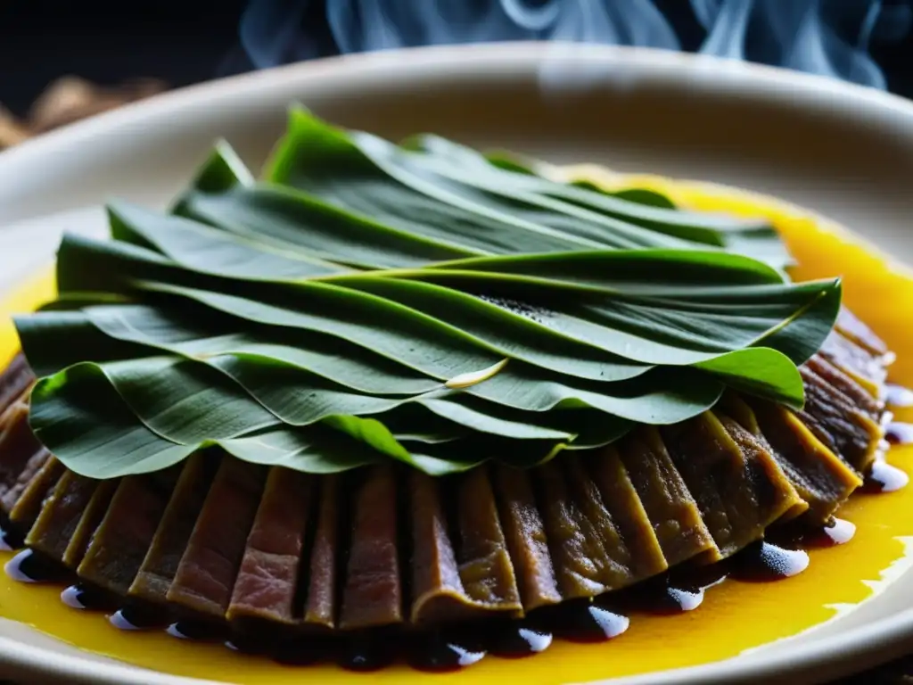 Detalle de mixiote humeante en hoja de maguey, receta mixiotes tradición culinaria azteca