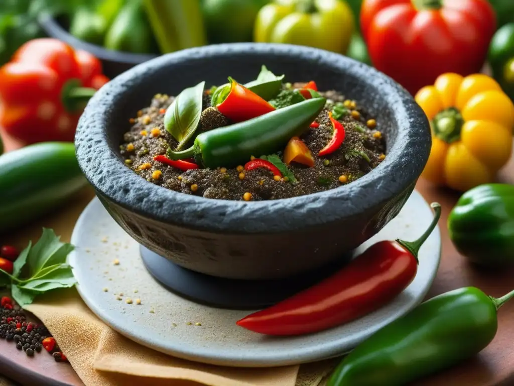 Detalle de un molcajete con especias y chiles rodeado de ingredientes frescos, destacando las texturas