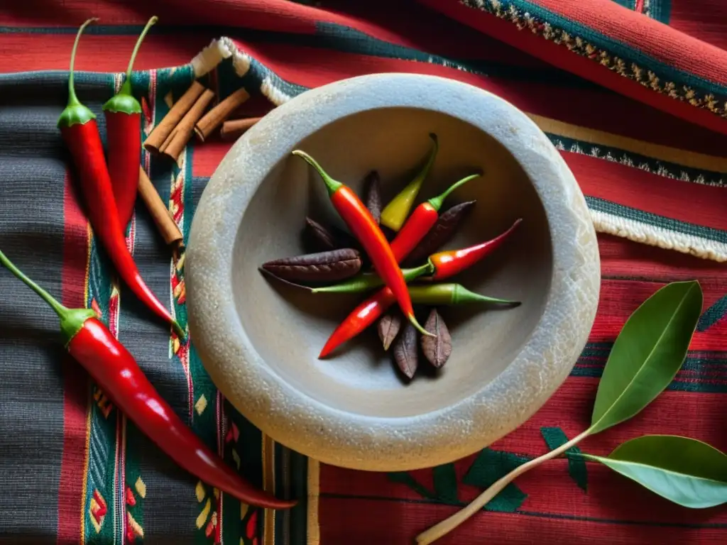 Detalle de un molcajete maya antiguo lleno de cacao, chiles, vainilla y canela sobre textil oaxaqueño, evocando la historia del cacao en recetas