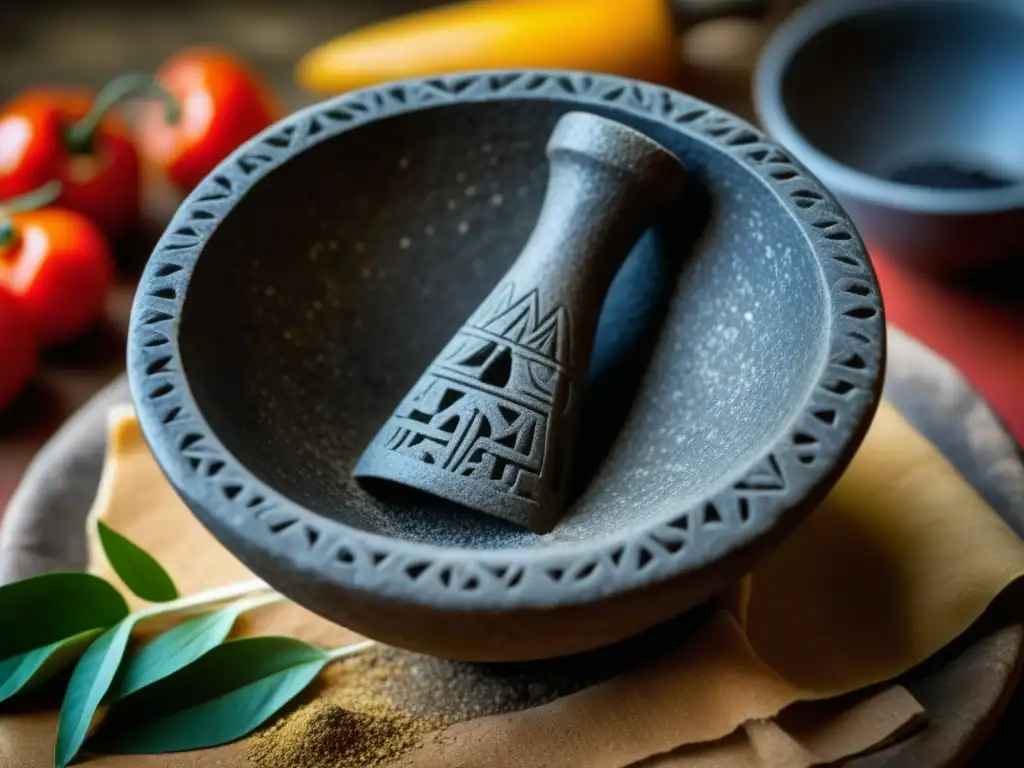 Detalle de un molcajete prehispánico con siglos de historia culinaria