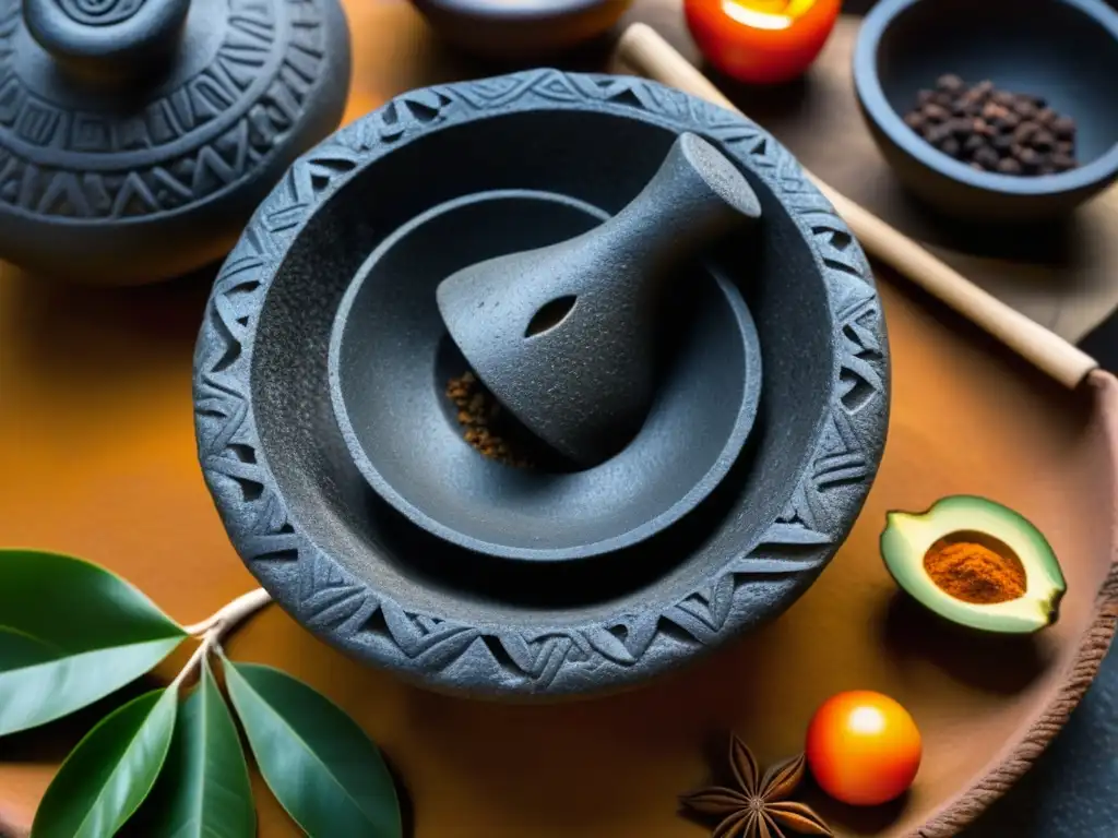 Detalle de un molcajete prehispánico y tejolote, con tallados y especias molidas, simbolizando la riqueza de los rituales culinarios prehispánicos