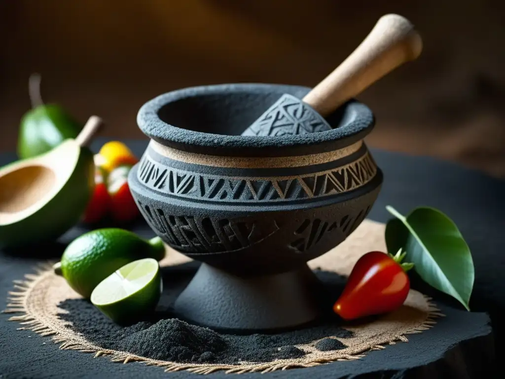 Detalle de molcajete y tejolote, herramientas esenciales en la cocina criolla