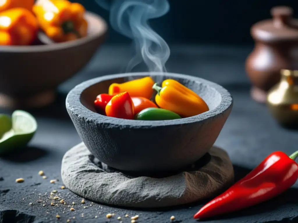 Detalle de molcajete y tejolote con influencia europea en cocina colonial americana