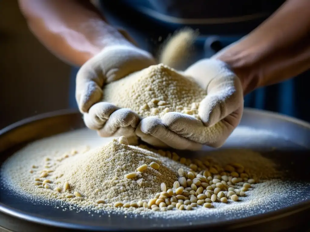 Detalle de molienda de trigo en molino de piedra manual, mostrando la transición de la alimentación en la Edad Media