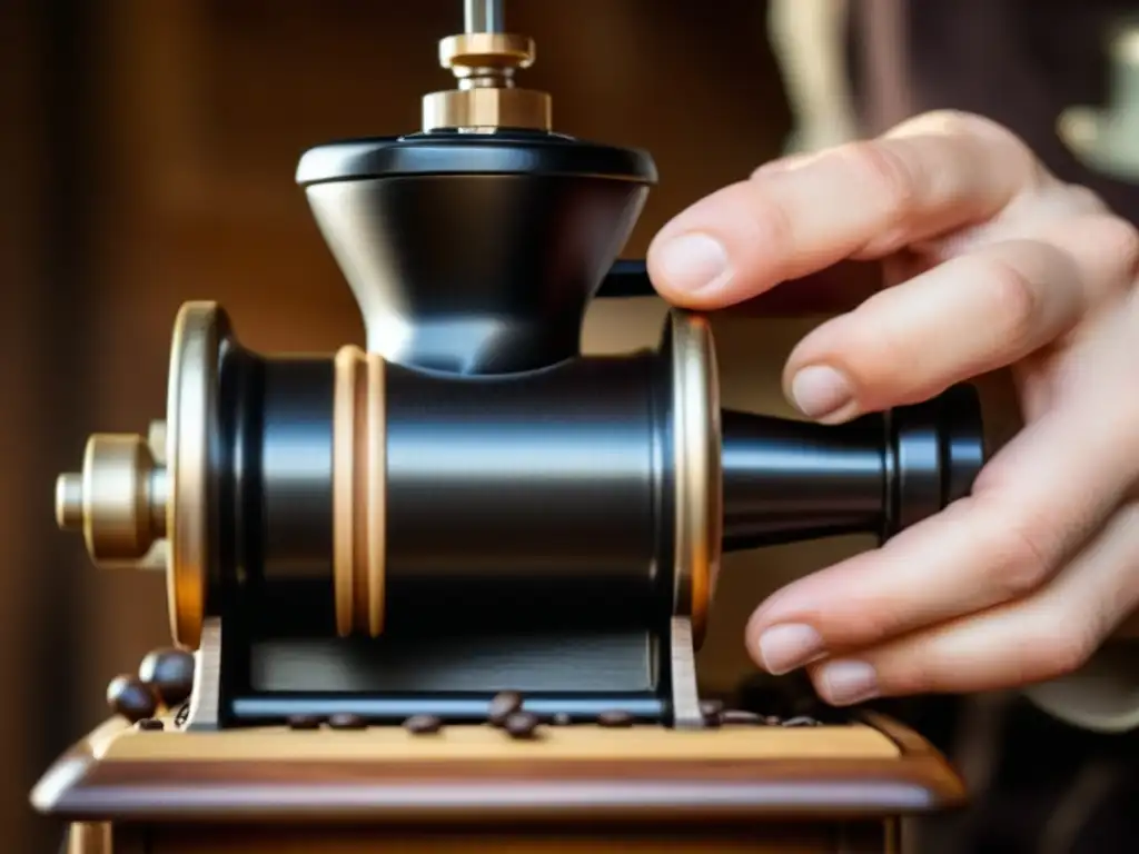 Detalle de molinillo de café manual antiguo con granos de café y luz cálida, evocando recetas históricas culturas épocas gadgets