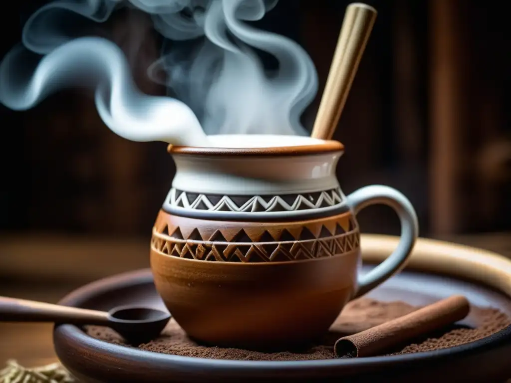 Detalle del molinillo mexicano mezclando chocolate caliente en taza de barro, historia del chocolate en recetas