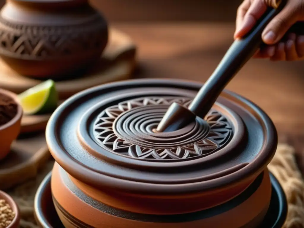 Detallado molinillo mexicano revolviendo chocolate en olla de barro Detalle de un molinillo mexicano removiendo chocolate en una olla de barro, resaltando las texturas y colores cálidos