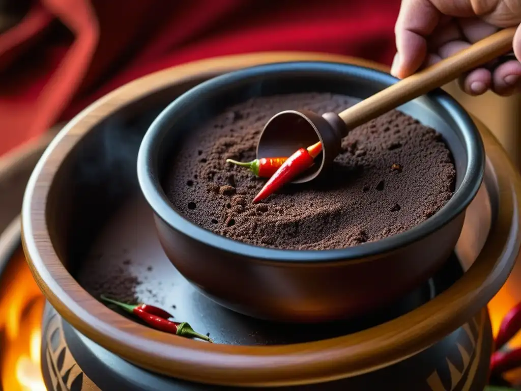 Detalle del molinillo mexicano revolviendo una olla de chocolate con chile, receta tradicional precolombina