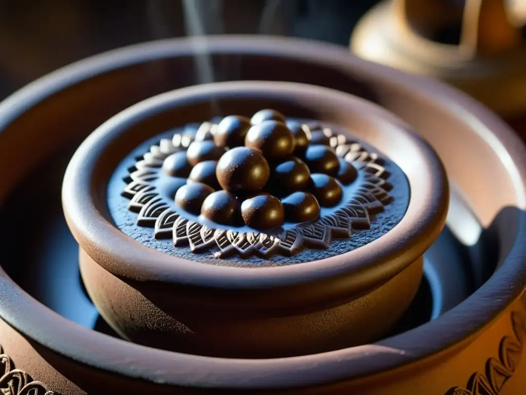 Arte ancestral: molinillo mexicano revolviendo chocolate en olla de barro Detalle del molinillo mexicano en ritual hispanoamericano de preparación de chocolate