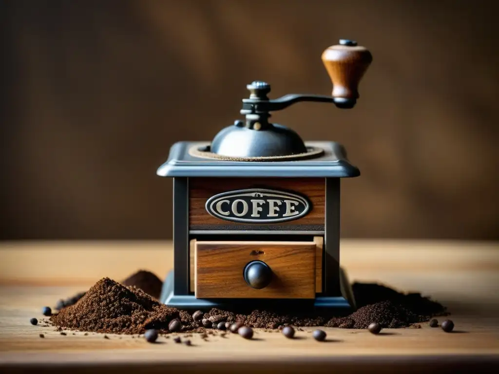 Detalle de un molinillo de café manual vintage, con historia en cada rincón, luz natural resaltando la artesanía