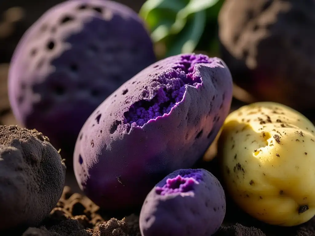 Patata morada peruana: Detalles vibrantes y texturas orgánicas Detalle de papa morada peruana recién cosechada, cubierta de tierra, resaltando texturas y colores