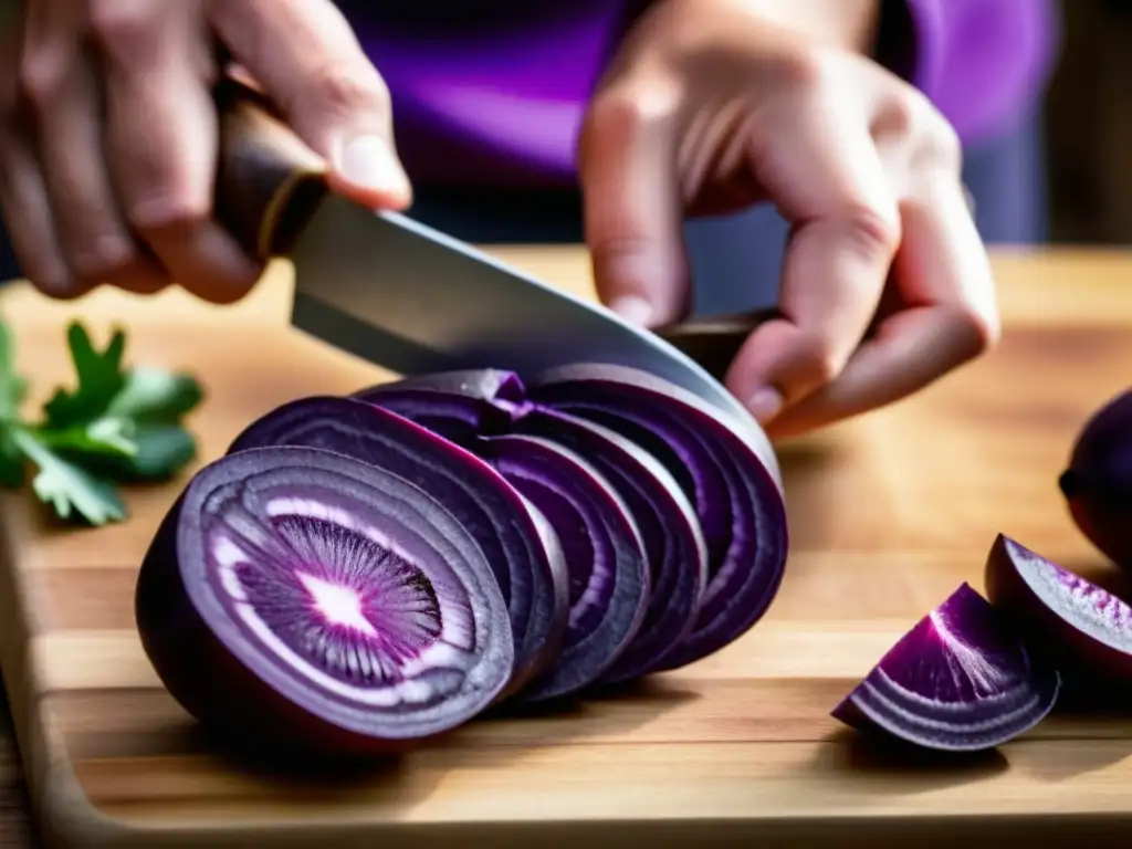 Detalle de papa morada siendo cortada en tabla de madera