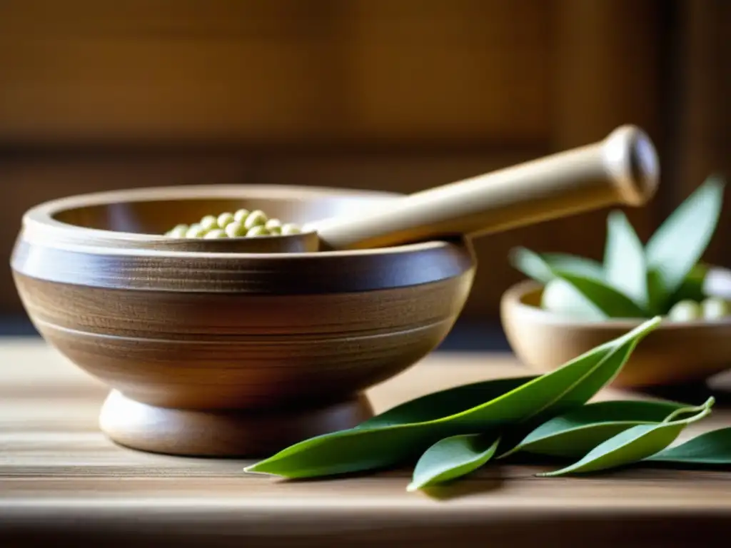 Detalle de un mortero de madera tradicional japonés lleno de soja, en una cocina japonesa de la era Edo