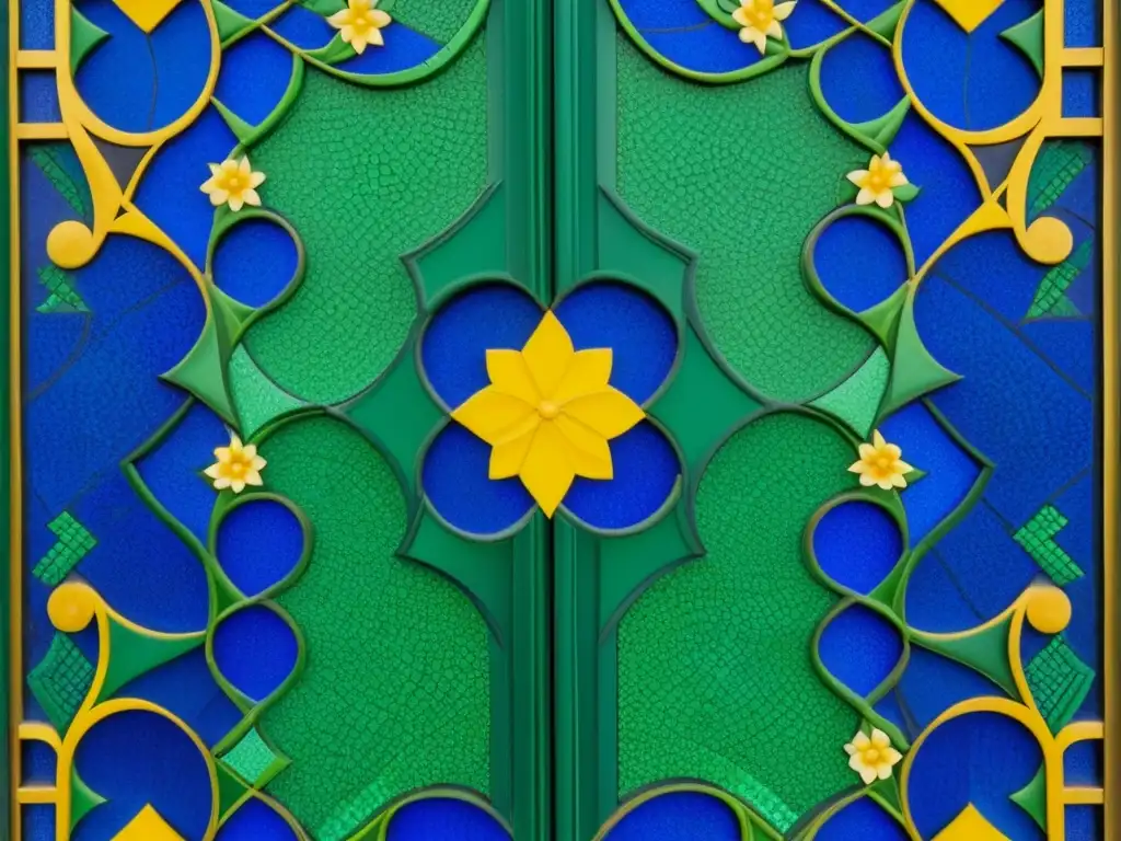 Detalle de un mosaico otomano en un edificio mediterráneo histórico, con tonos azules, verdes y amarillos