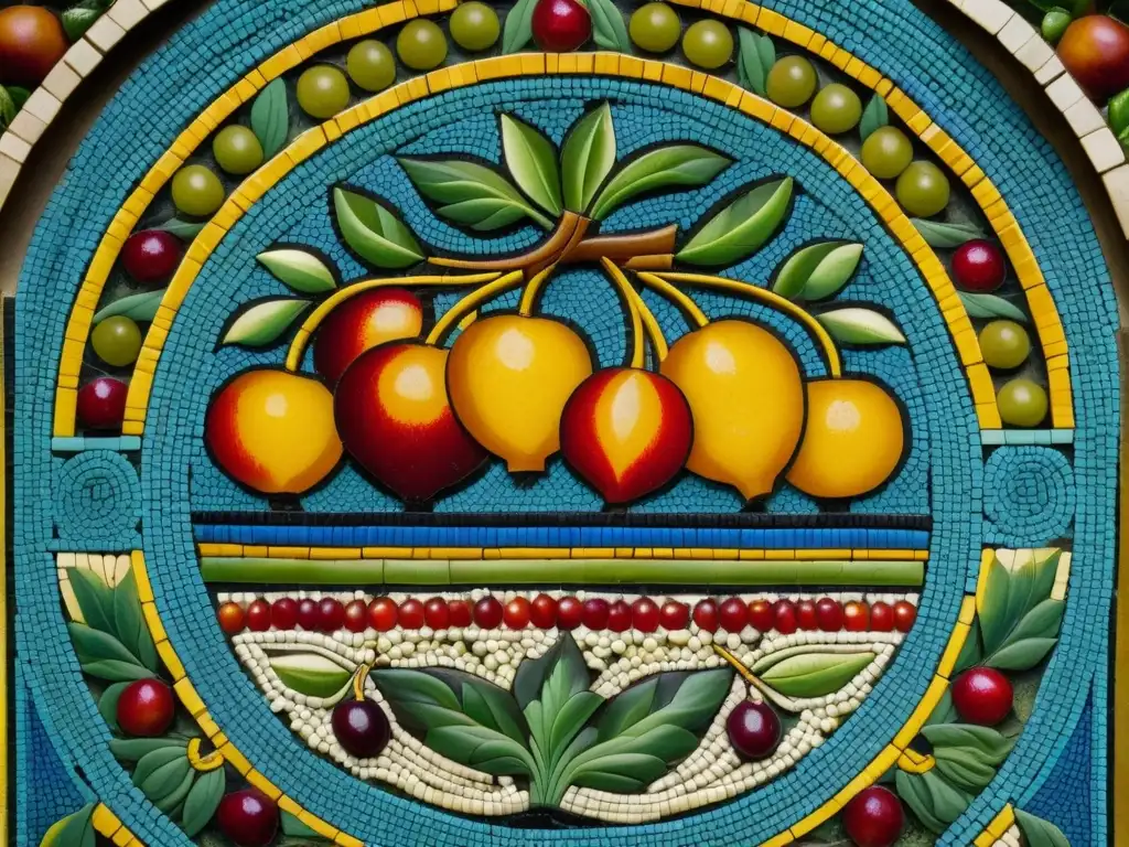 Detalle de mosaico romano antiguo con alimentos antiguos ricos antioxidantes en escena de banquete lujoso