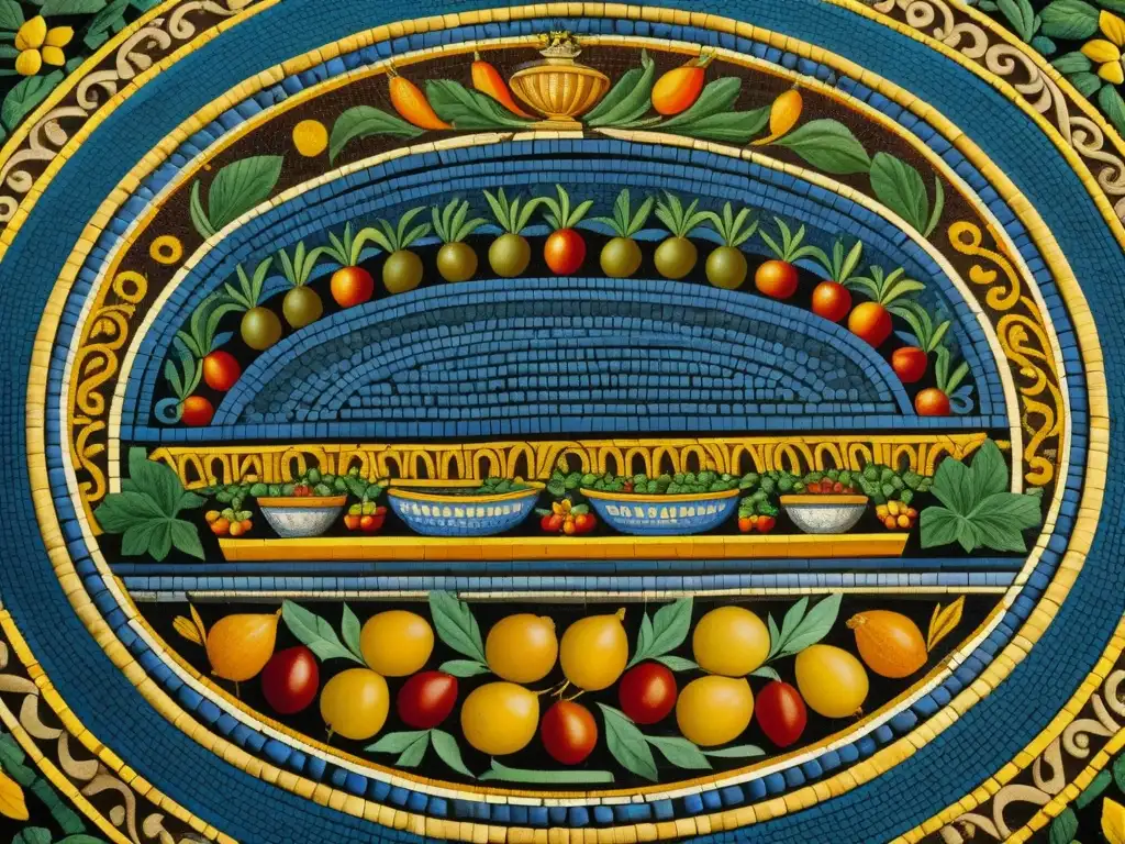 Detalle de mosaico romano de banquete con alimentos coloridos y decorativos, reflejando la dieta romana impacto ambiental siglo XXI