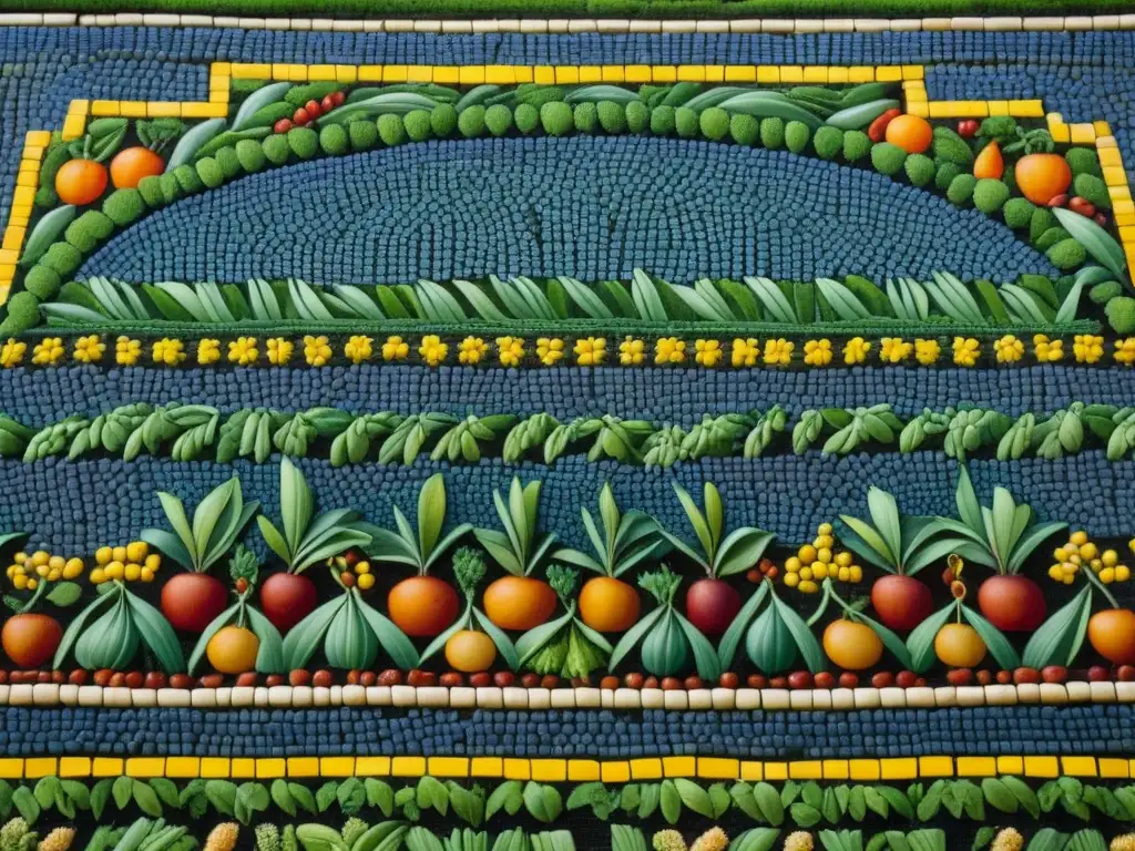 Detalle de mosaico romano con escena de cosecha, mostrando legumbres y vegetales históricos