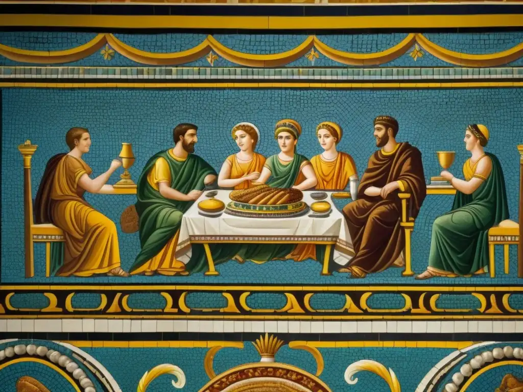 Detalle de mosaico romano con platos históricos de la gastronomía romana en banquete opulento