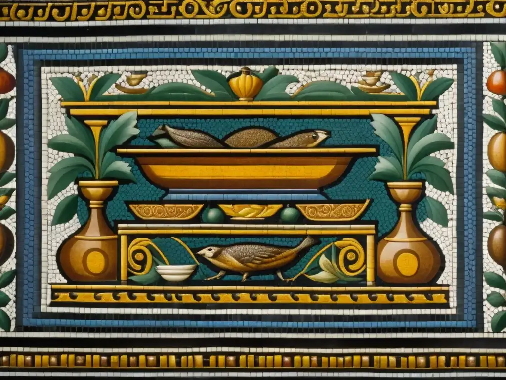 Detalle de mosaico romano con platos históricos gastronomía romana en banquete opulento