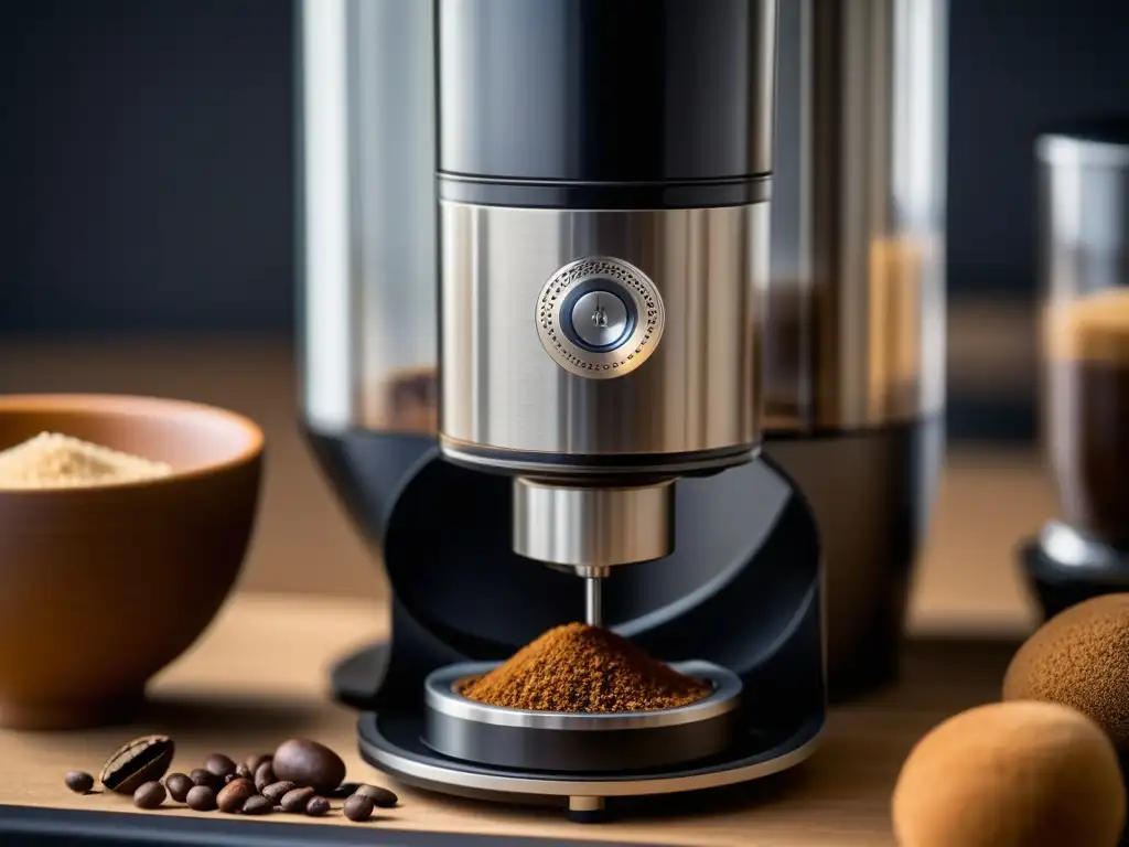 Detalle en movimiento: molinillo de café eléctrico moderno, evolución tecnológica en la historia de los molinillos de café