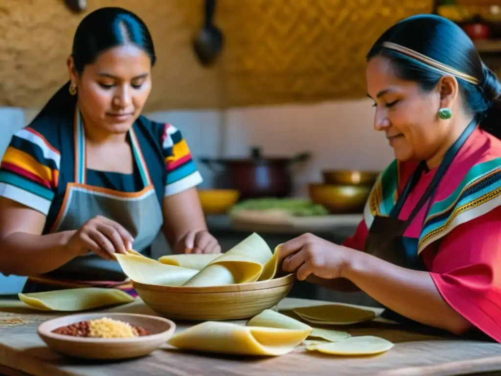 Detalle de mujeres indígenas preparando tamales, resaltando el origen y evolución del tamal en una cocina azteca tradicional