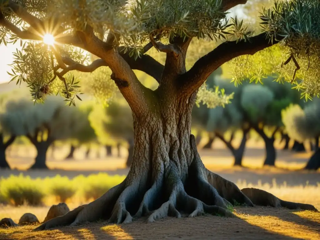 Detalle de un olivo griego al atardecer, con luz dorada filtrándose entre las hojas verdes y aceitunas maduras